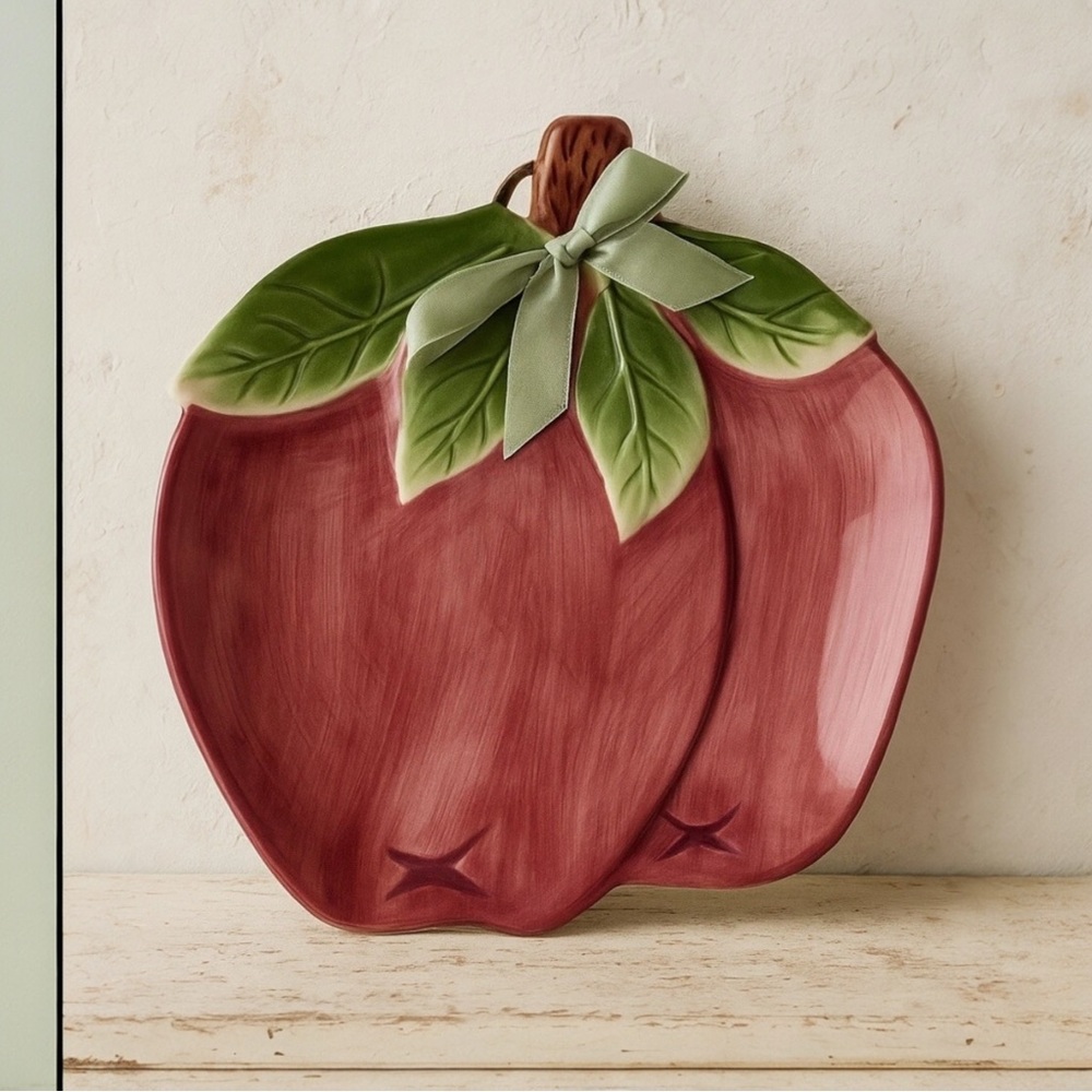 Ceramic Apple Plate Hand Painted Green  Bow Cottagecore Serving Trivet VTG Y2K